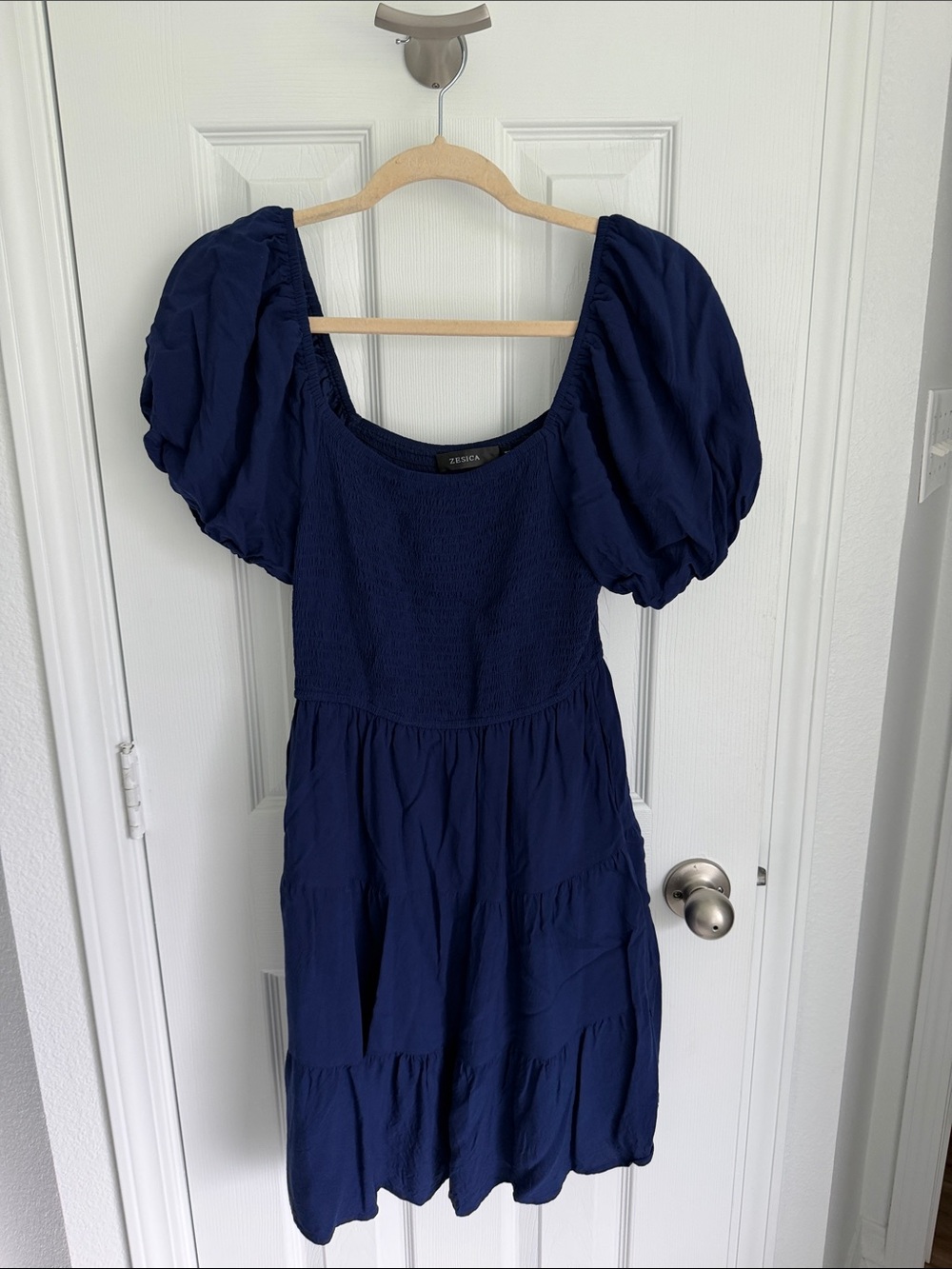 Zara Navy Puff-Sleeve Midi Dress